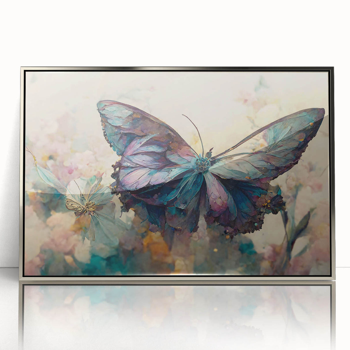 Framed wall art featuring a vibrant butterfly design from an insect and arachnid collection, showcased in a sleek silver frame, perfect for nature enthusiasts.