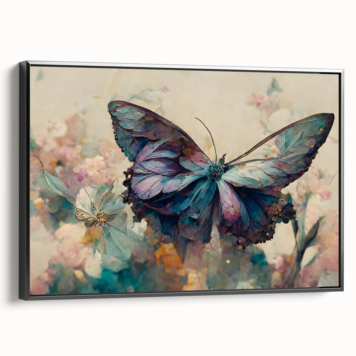 Framed wall art showcasing a colorful butterfly design from the Insect and Arachnid collection, presented in a sleek black frame with a side view. Ideal for nature enthusiasts and home decor.
