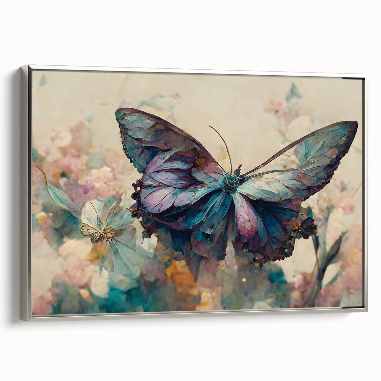 Framed wall art showcasing a stunning butterfly design, featuring vibrant colors and intricate details on a silver background, perfect for enhancing modern decor.