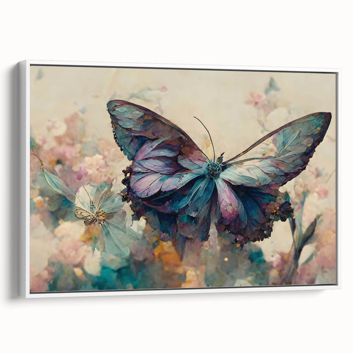 Framed canvas wall art showcasing a vibrant butterfly design, featuring intricate details and a sleek white frame, perfect for enhancing modern decor.
