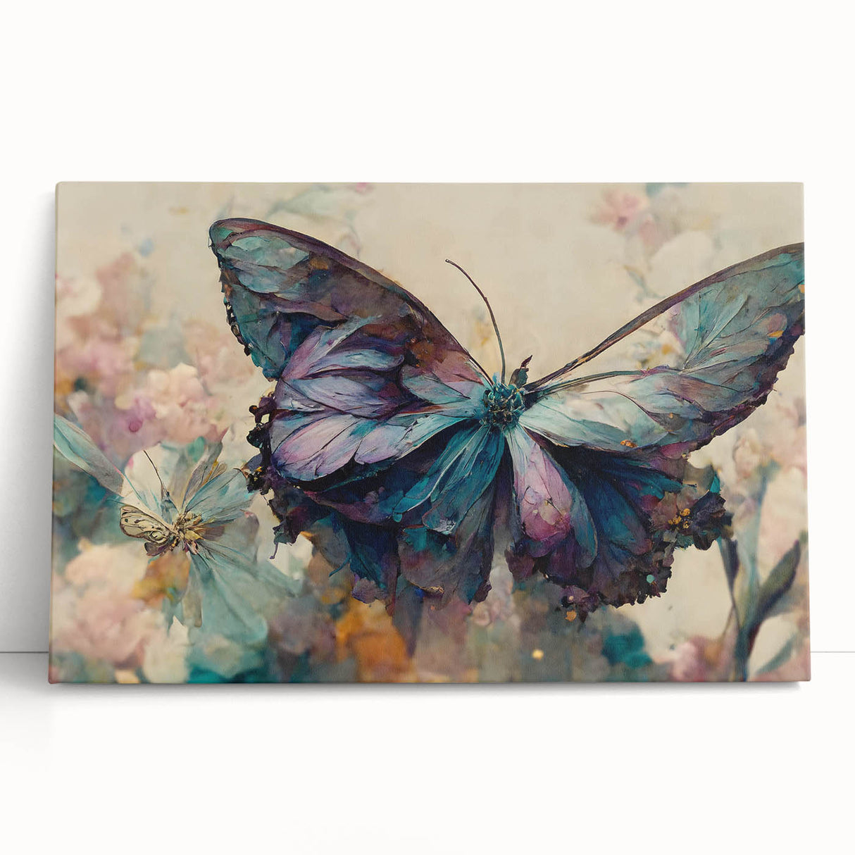 Vibrant stretched canvas wall art featuring a colorful butterfly and arachnid design, ideal for enhancing modern decor with a nature-inspired aesthetic.