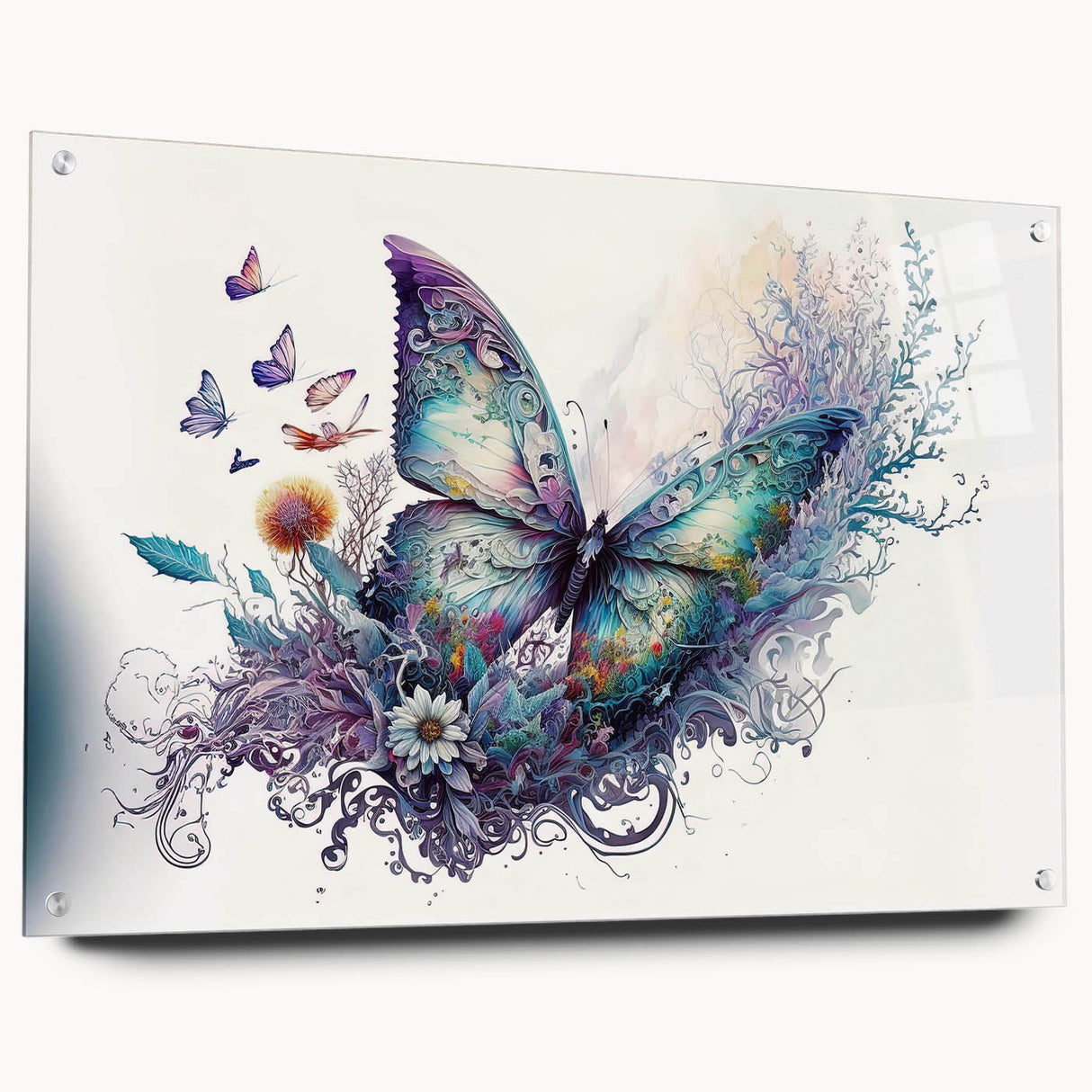 Colorful butterfly and arachnid wall art collection displayed in acrylic glass, showcasing intricate designs and vibrant colors, perfect for artistic home decor.