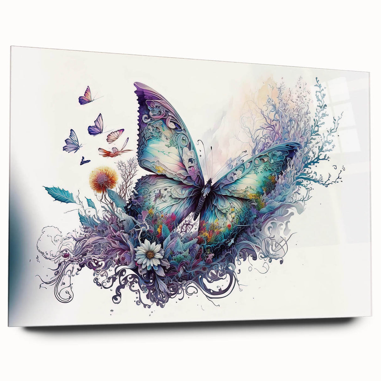 Colorful butterfly wall art collection displayed in an acrylic glass frame, showcasing intricate insect and arachnid designs, perfect for home decor.