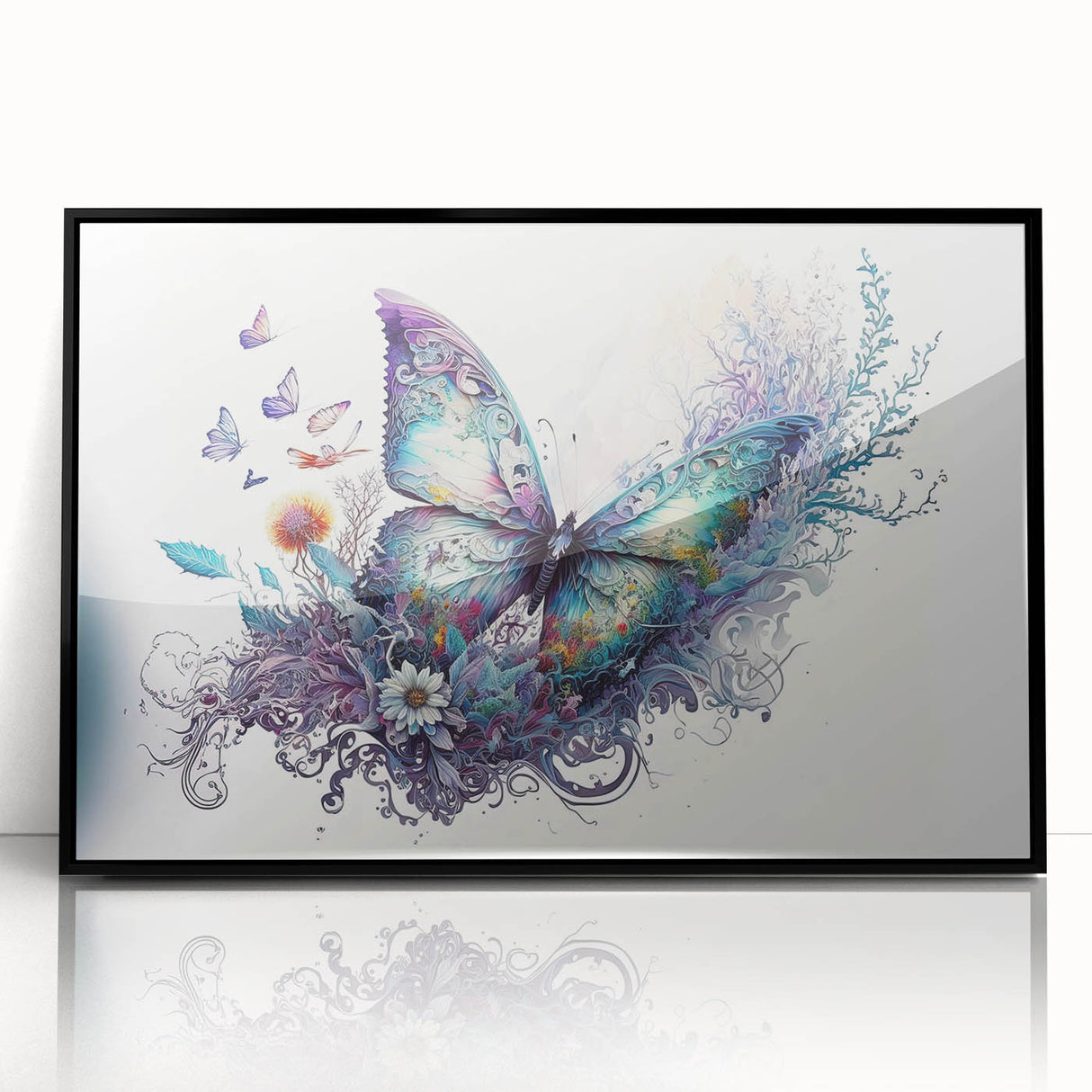 Framed wall art featuring an intricate butterfly design showcasing vibrant colors against a sleek black background, perfect for nature enthusiasts and modern decor.