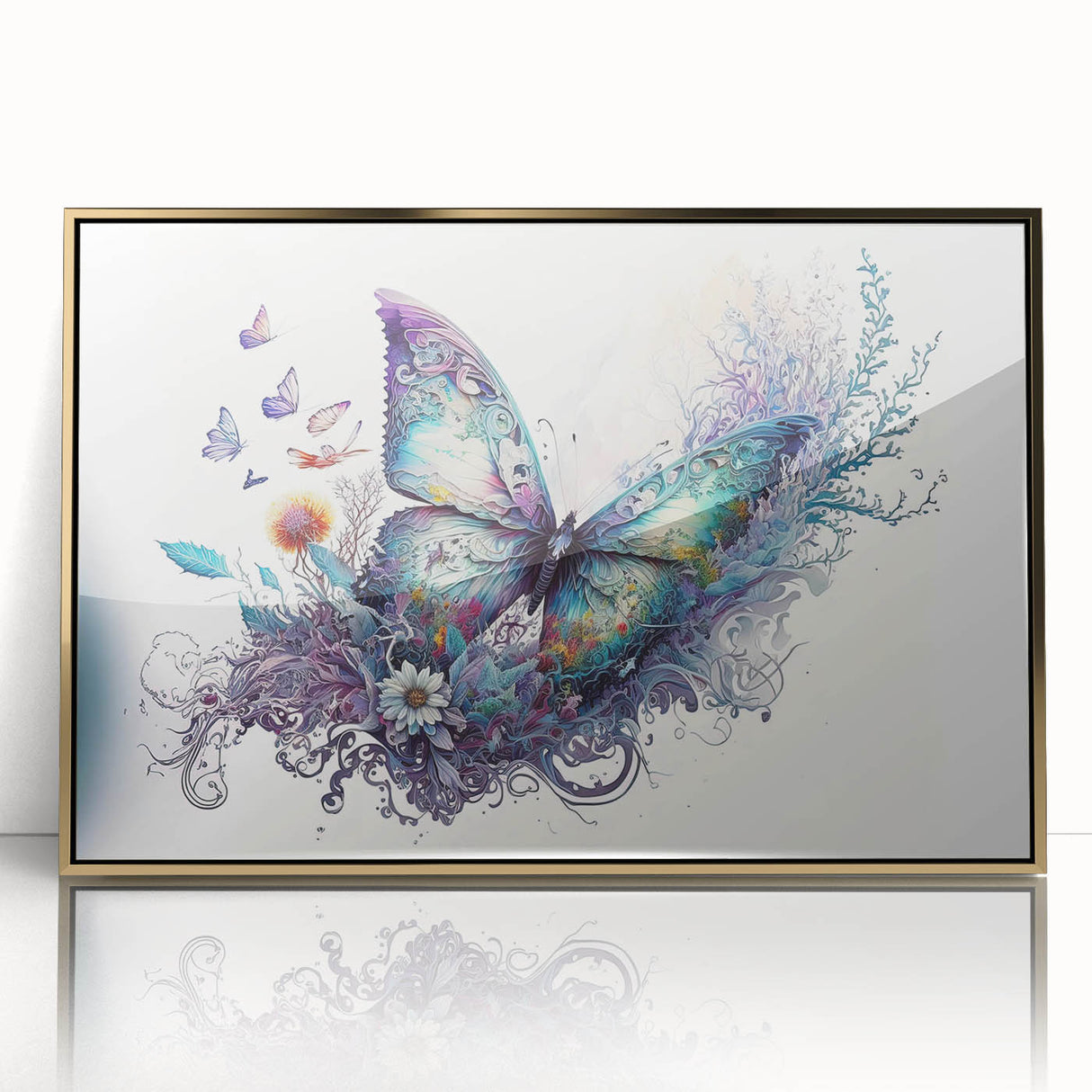 Framed wall art showcasing a detailed butterfly design, featuring vibrant colors against a gold-acrylic background, perfect for insect and arachnid enthusiasts.