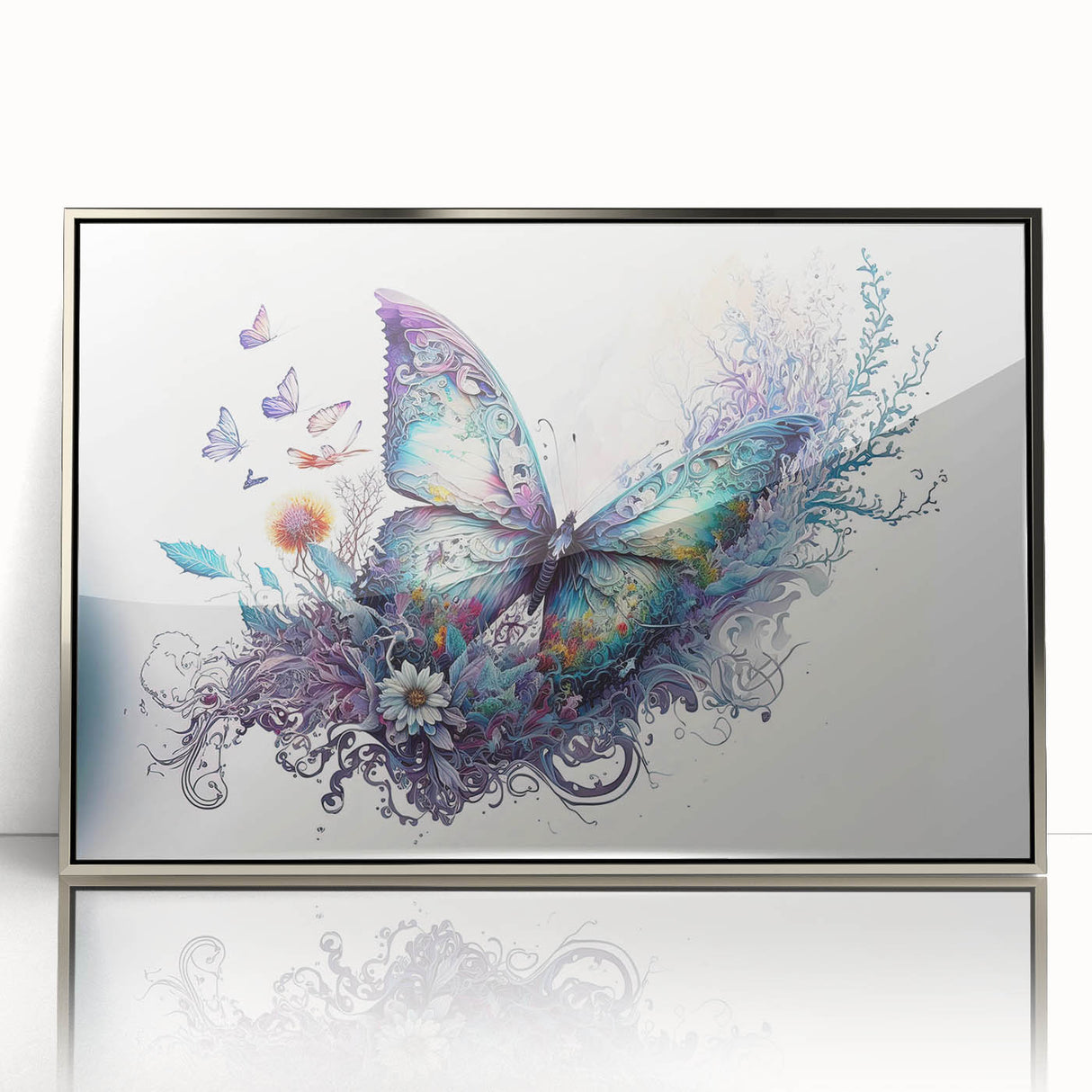 Framed wall art featuring a vibrant butterfly design, showcasing detailed insect and arachnid illustrations in a sleek silver frame, perfect for modern decor.