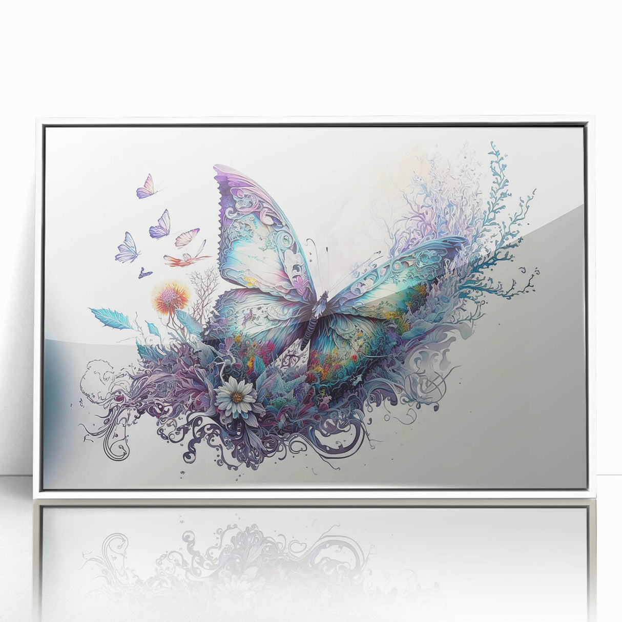 Framed wall art featuring a colorful butterfly design, showcasing intricate details and vibrant hues against a white background, perfect for insect lovers and decor enthusiasts.