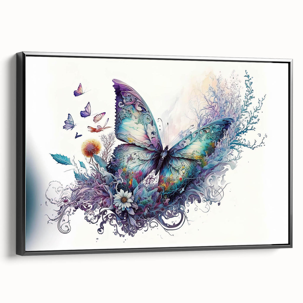 Framed canvas wall art showcasing a detailed butterfly design, featuring vibrant colors and intricate patterns, set against a sleek black frame for stylish home decor.