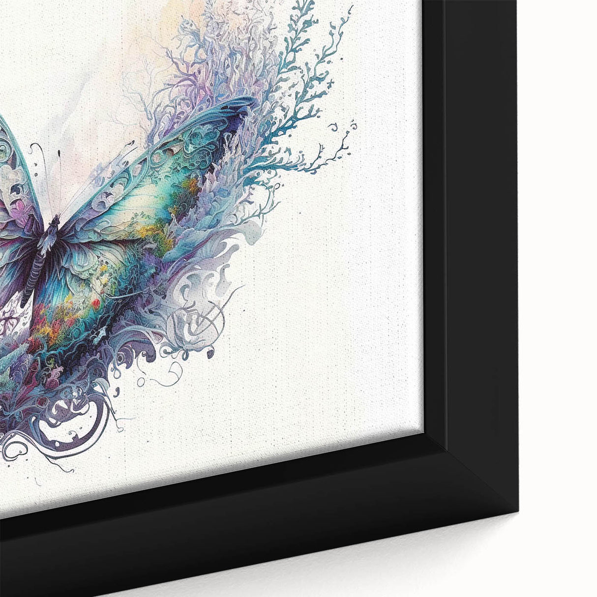 Close-up of a framed canvas wall art featuring a colorful butterfly and arachnid design, showcasing intricate details and vibrant colors, perfect for nature enthusiasts.