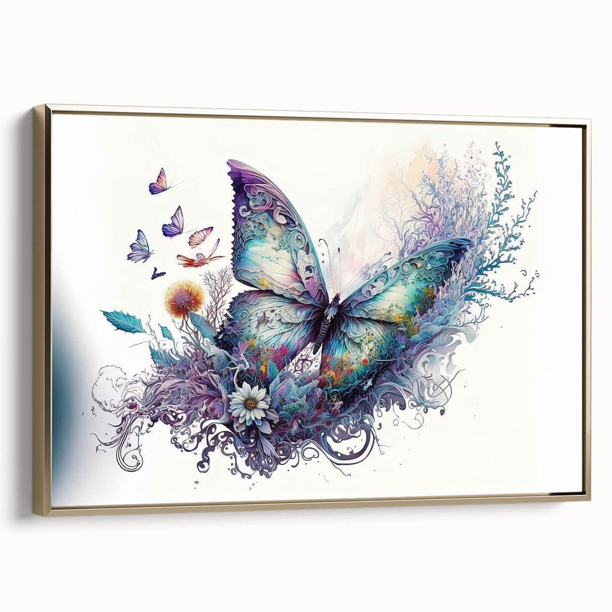 Framed wall art featuring a colorful butterfly design from the Insect and Arachnid collection, with a gold frame, displayed in a stylish setting, emphasizing nature's beauty.