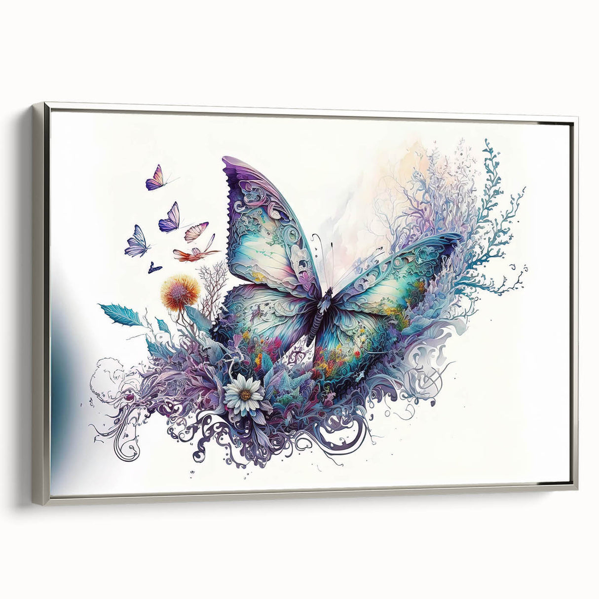 Framed wall art featuring a butterfly and arachnid design in a silver frame, showcasing intricate details and vibrant colors, perfect for nature-themed decor.
