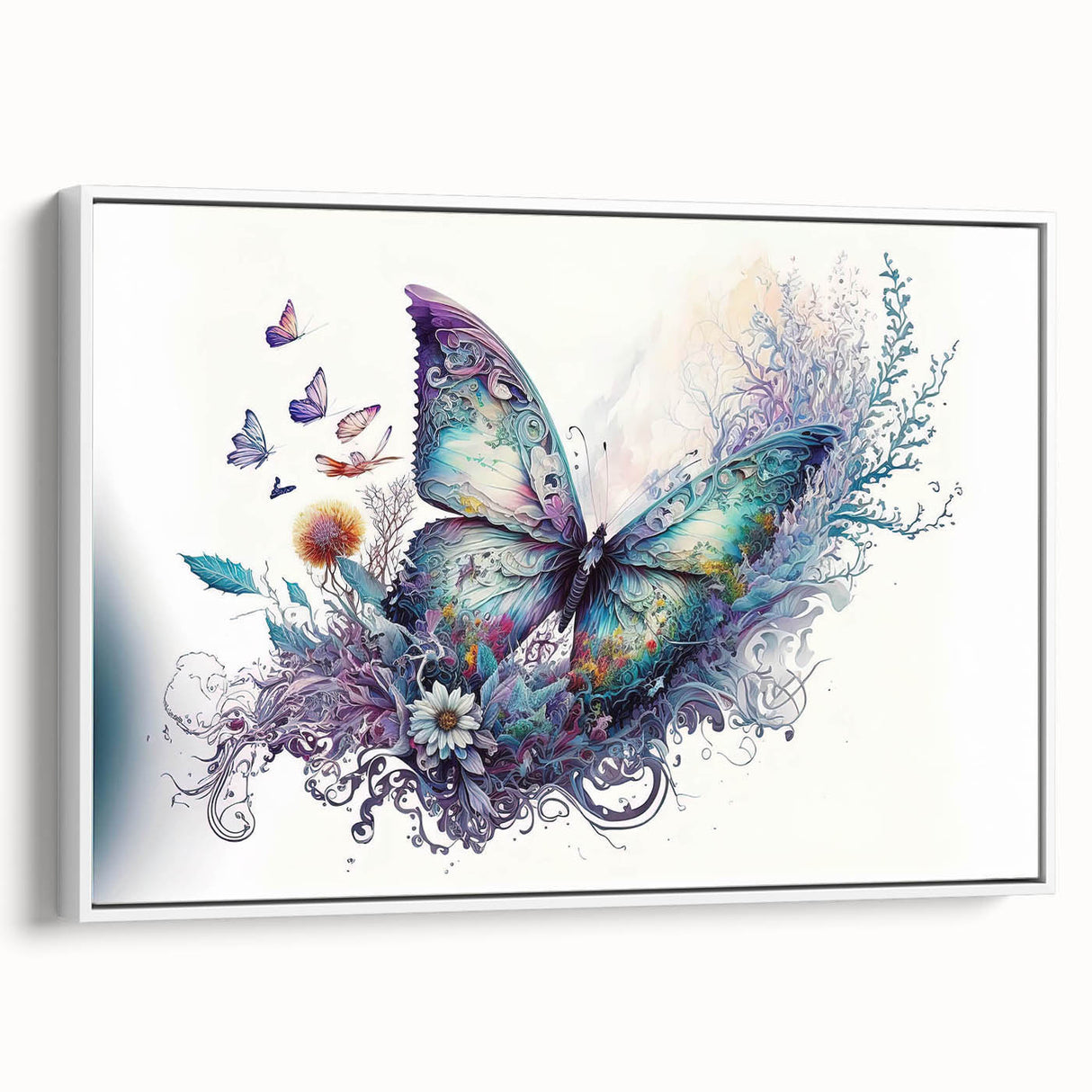 Framed wall art showcasing a vibrant butterfly design, featuring intricate insect and arachnid motifs on a white background, perfect for home decor.