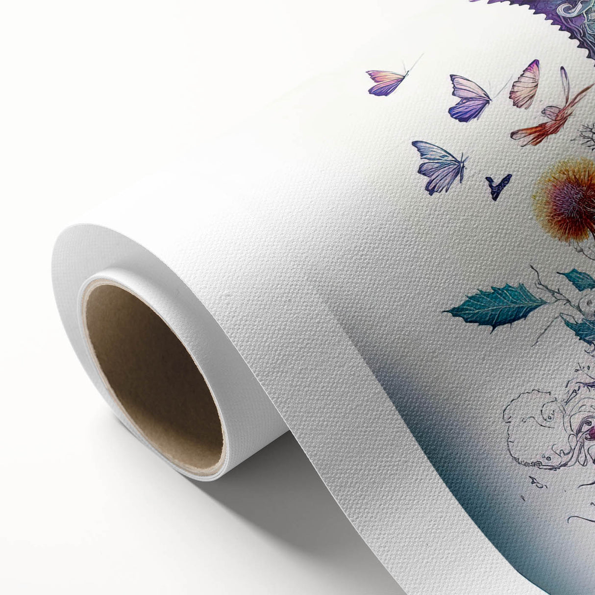 Colorful rolled canvas featuring intricate butterfly and arachnid designs from the Insect and Arachnid wall art collection, ideal for nature-themed decor.