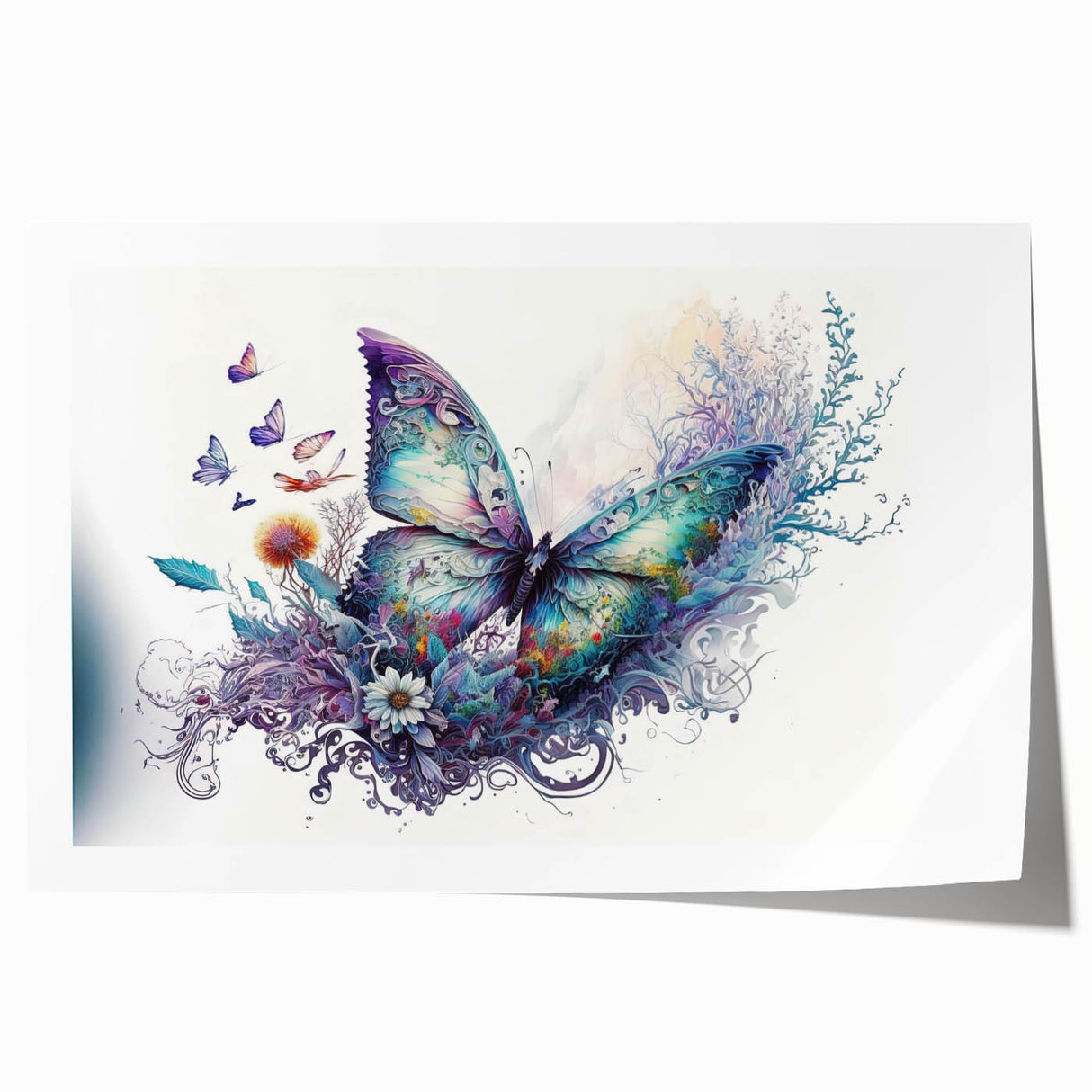 Colorful butterfly design wall art print showcasing intricate insect and arachnid illustrations, rolled for easy display, perfect for nature enthusiasts.