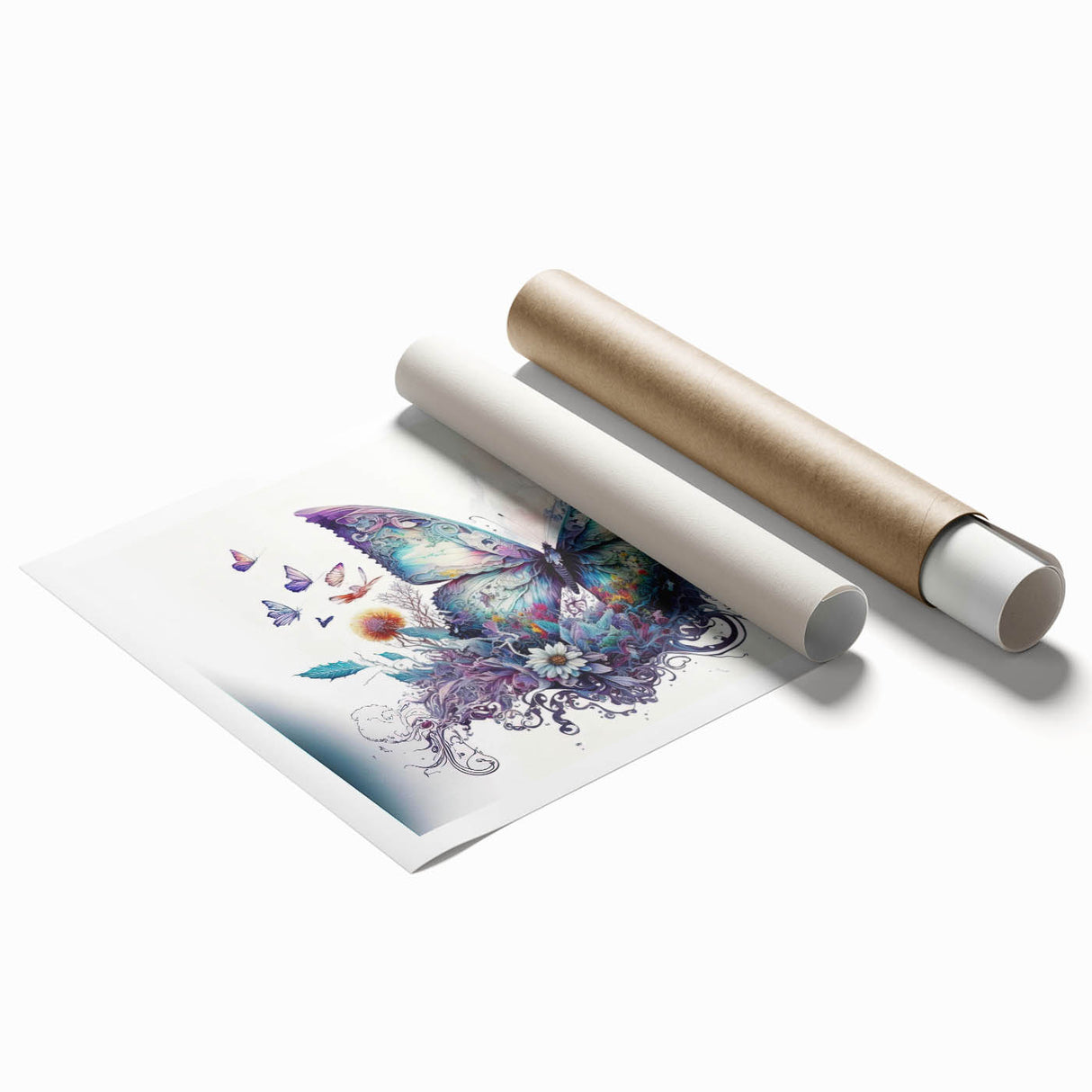 Colorful butterfly wall art design featuring various insect and arachnid illustrations, perfect for home decor, displayed as a rolled print in a protective tube.