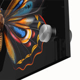 Close-up of a vibrant butterfly design wall art piece, showcasing intricate details and vivid colors on acrylic glass, perfect for nature-themed decor.