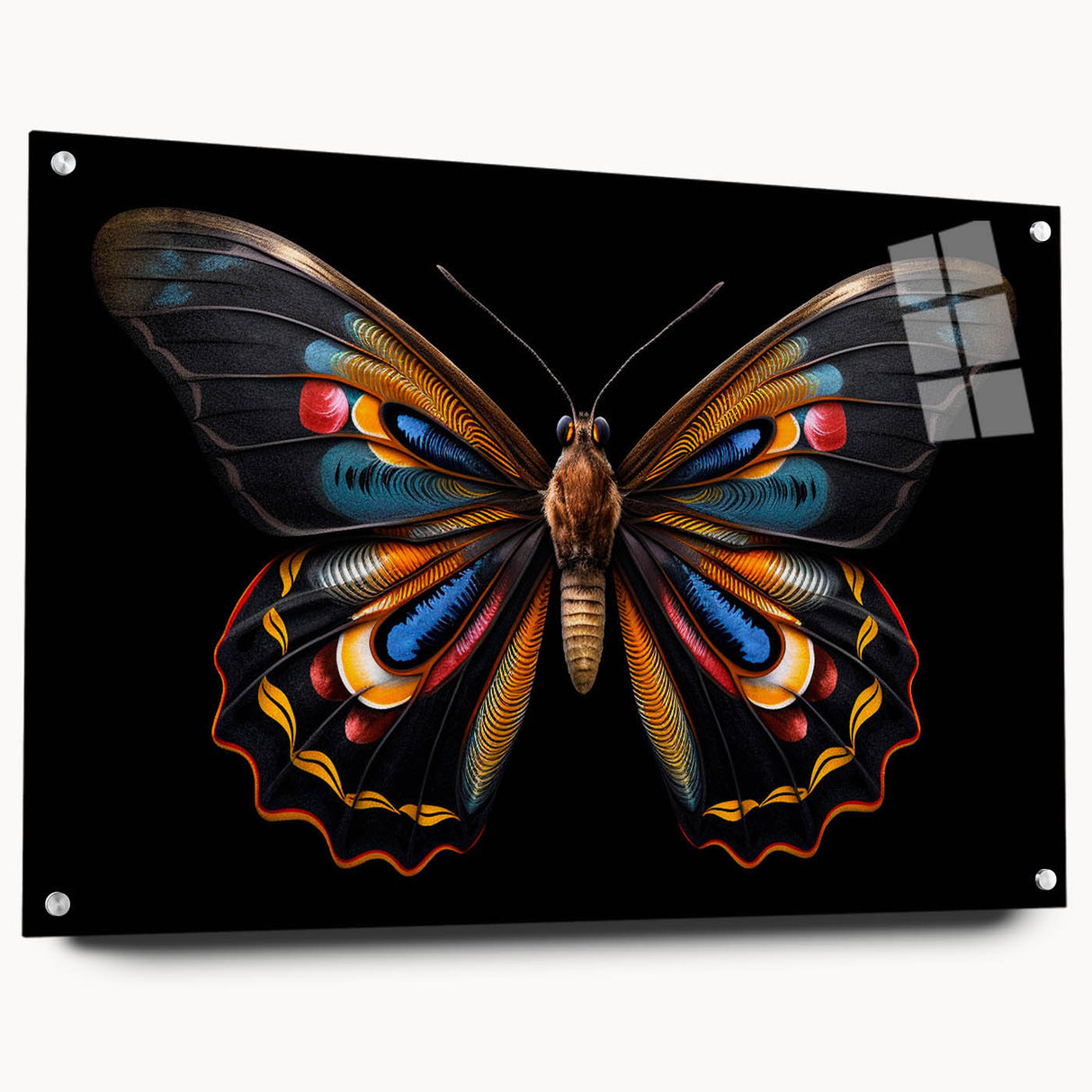Acrylic glass wall art showcasing a vibrant butterfly design from the Insect and Arachnid collection, elegantly displayed with decorative pins against a neutral background.