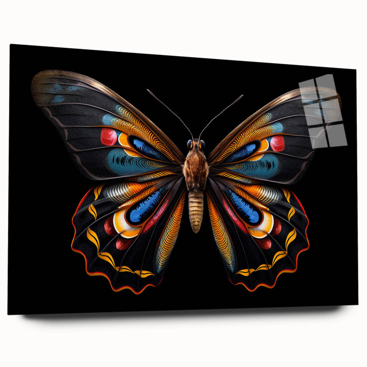 Vibrant acrylic wall art showcasing a colorful butterfly design, beautifully framed in glass, perfect for adding a touch of nature-inspired elegance to home decor.
