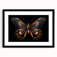 Framed wall art featuring a colorful butterfly design from the insect and arachnid collection, set in a sleek black frame with a mat, ideal for modern decor.