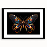Framed wall art featuring a colorful butterfly design from the insect and arachnid collection, set in a sleek black frame with a mat, ideal for modern decor.