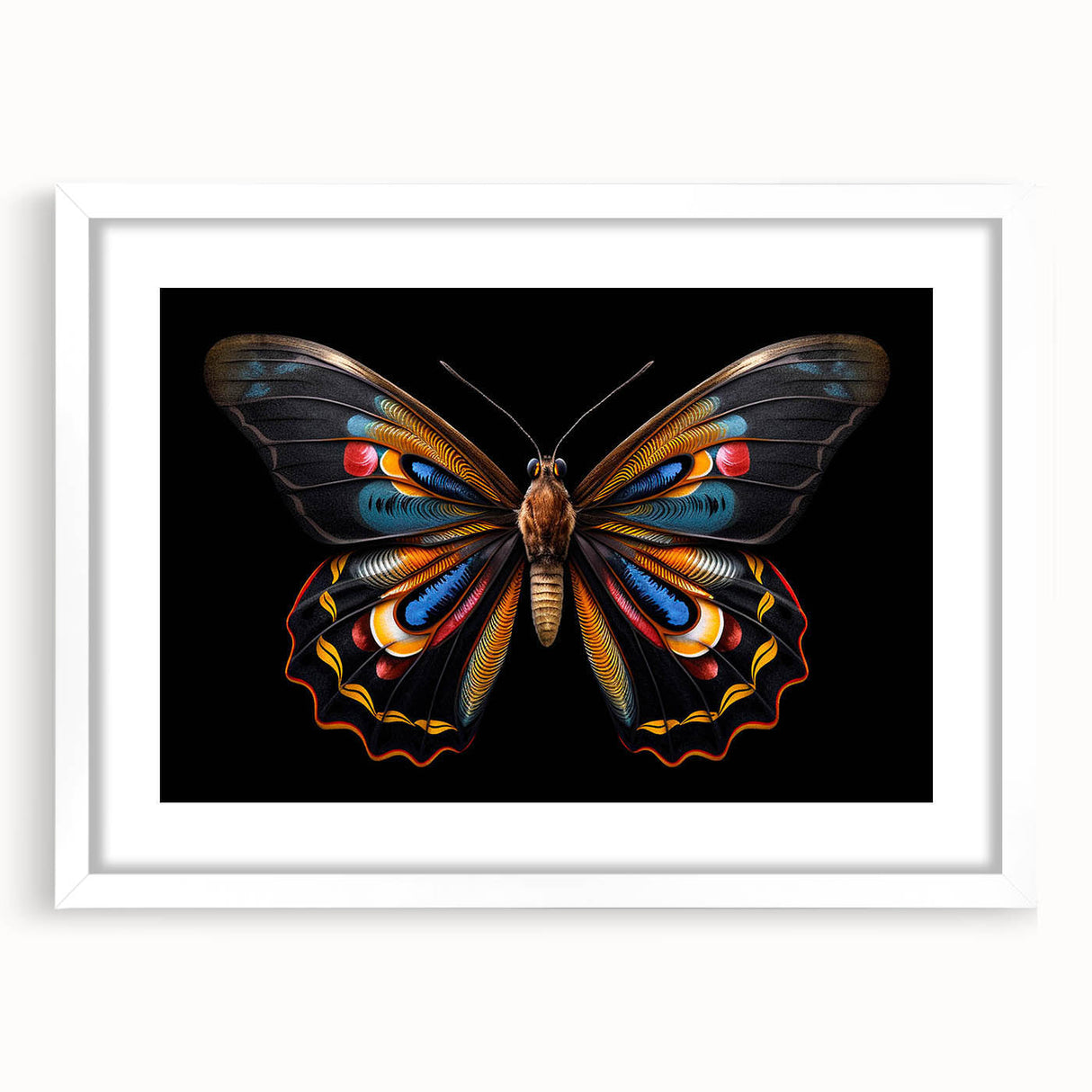 Framed wall art featuring a vibrant butterfly design from the Insect and Arachnid collection, showcasing intricate details and a clean white mat, perfect for nature enthusiasts.