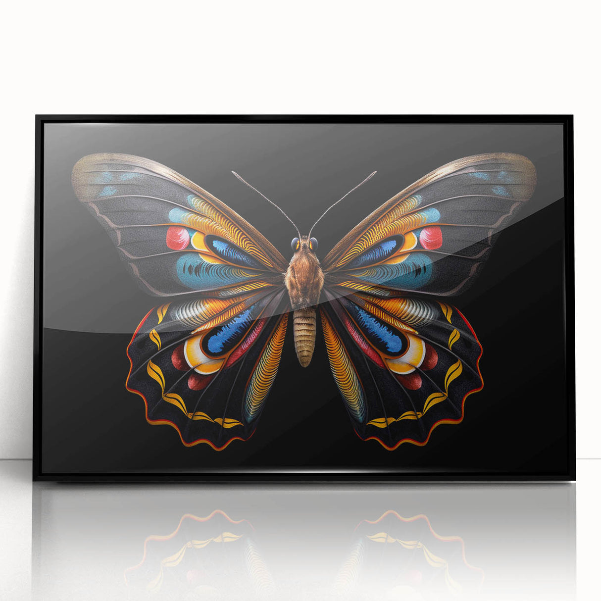 Framed wall art featuring a colorful butterfly and insect design on a black background. The artwork showcases intricate details, perfect for nature-themed decor.
