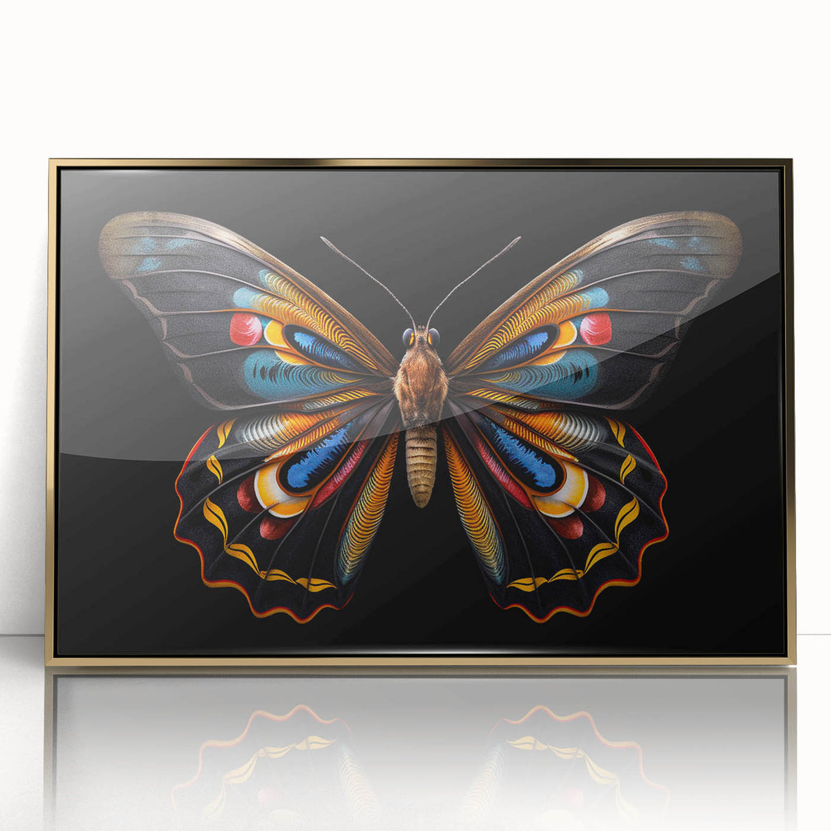 Framed wall art showcasing a vibrant butterfly design from the Insect and Arachnid collection, featuring gold accents and an acrylic front for a modern touch. Ideal for nature enthusiasts and contemporary decor.