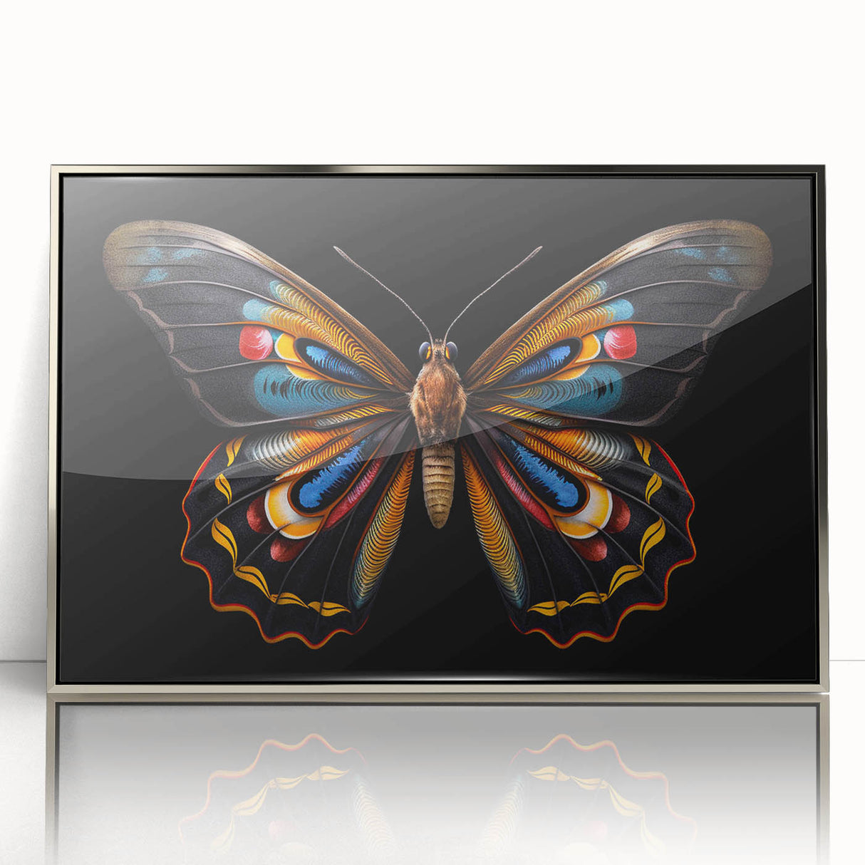 Framed acrylic wall art showcasing a vibrant butterfly design from the Insect and Arachnid collection, featuring intricate details and a sleek silver frame.