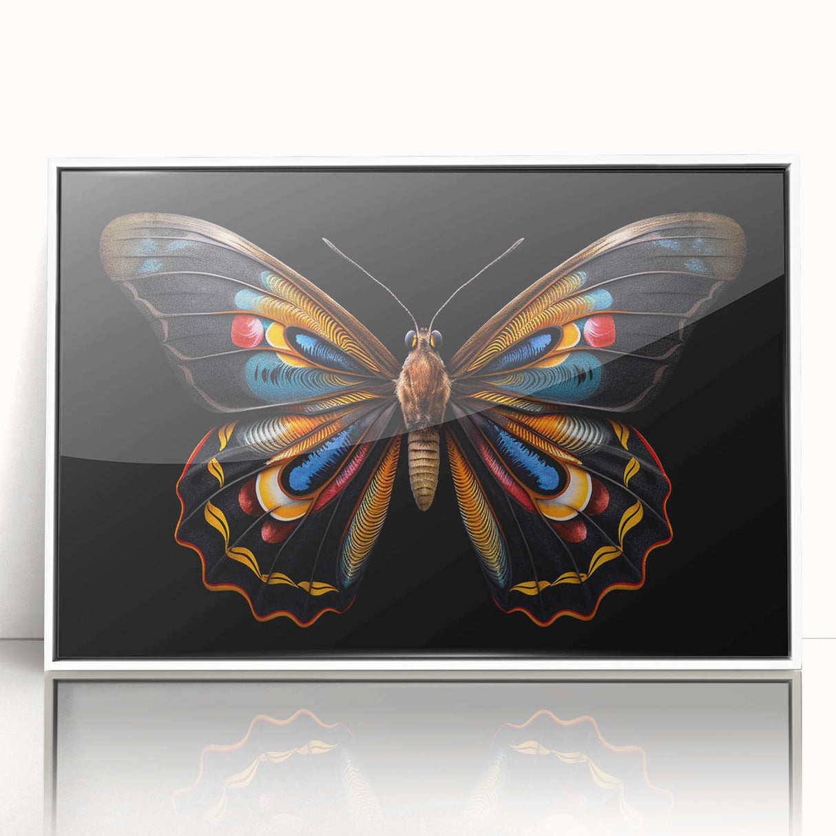 Framed wall art featuring a vibrant butterfly and arachnid design in acrylic, showcasing intricate details and a white frame, perfect for nature-inspired decor.