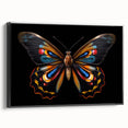 Framed canvas wall art showcasing a vibrant butterfly design, set against a black background, highlighting intricate details and vivid colors, perfect for modern decor.