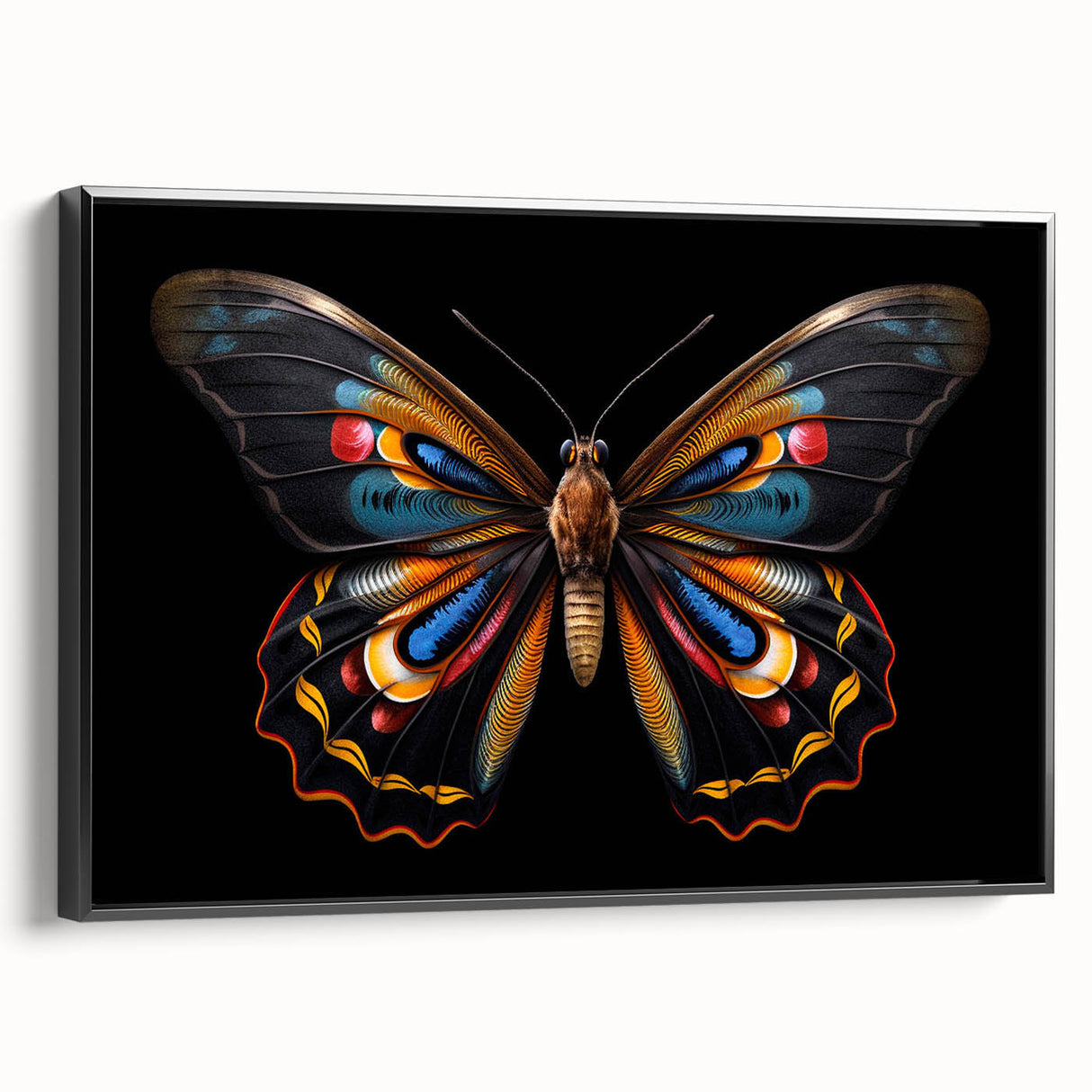 Framed canvas wall art showcasing a vibrant butterfly design, set against a black background, highlighting intricate details and vivid colors, perfect for modern decor.