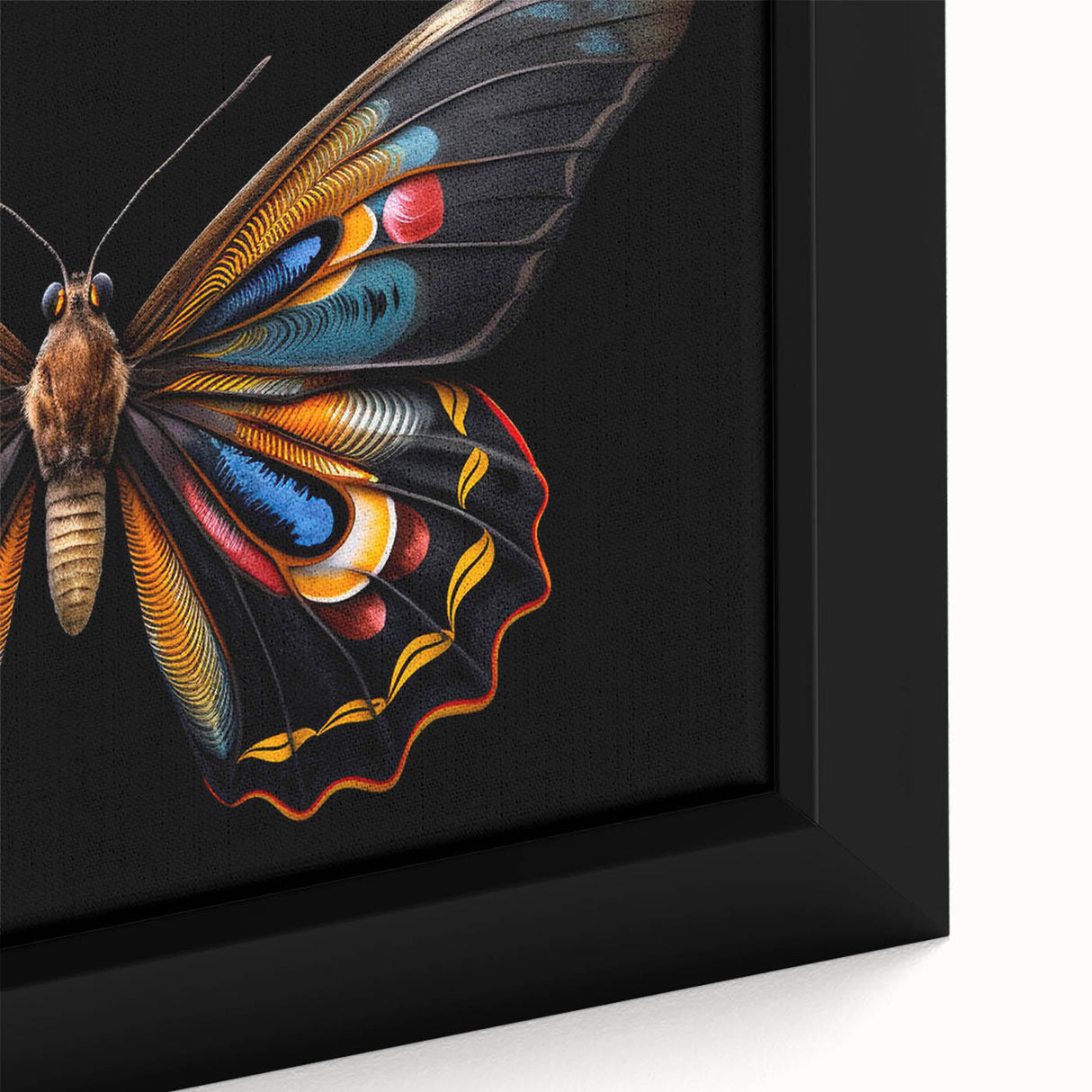 Close-up of a beautifully framed canvas wall art featuring vibrant butterfly designs, perfect for insect and arachnid enthusiasts, showcasing intricate details and colors. This decorative piece adds a unique touch to any room decor.