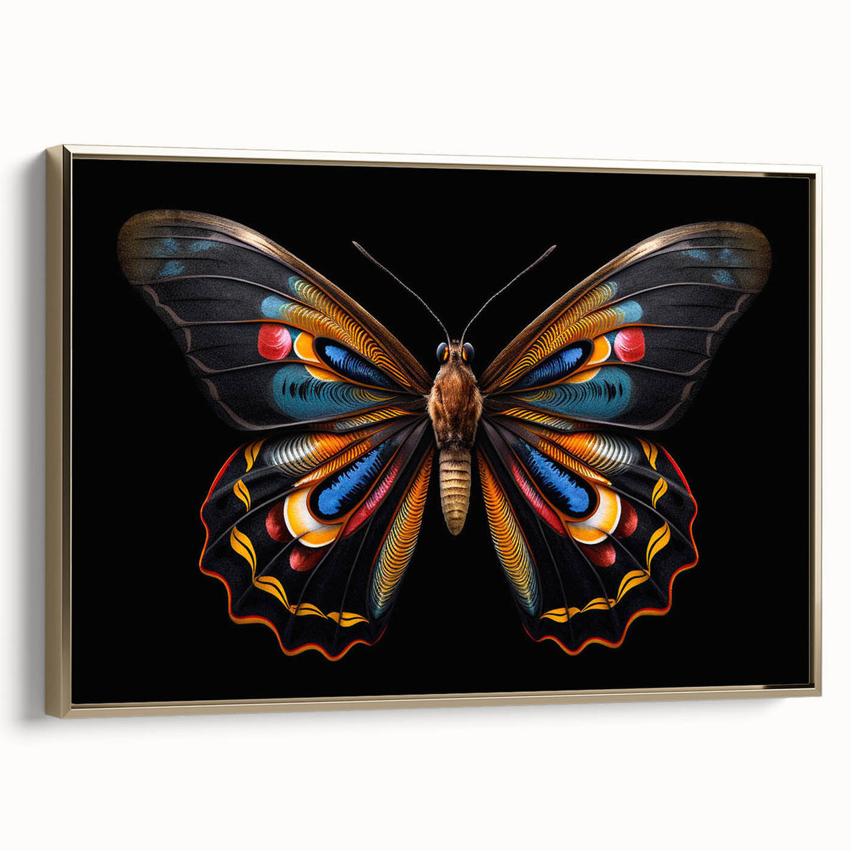 Framed wall art showcasing a vibrant butterfly design with intricate details against a gold background, ideal for adding elegance to home decor. This striking piece enhances interior spaces with its colorful, nature-inspired aesthetic.