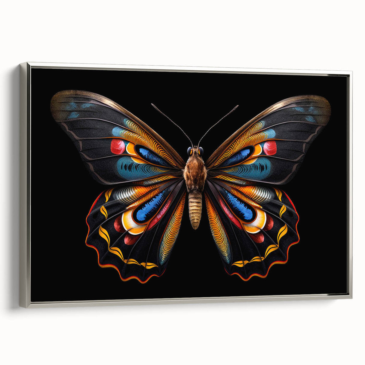 Framed wall art featuring a detailed butterfly design from the Insect and Arachnid collection, showcased in a sleek silver frame, ideal for modern decor.