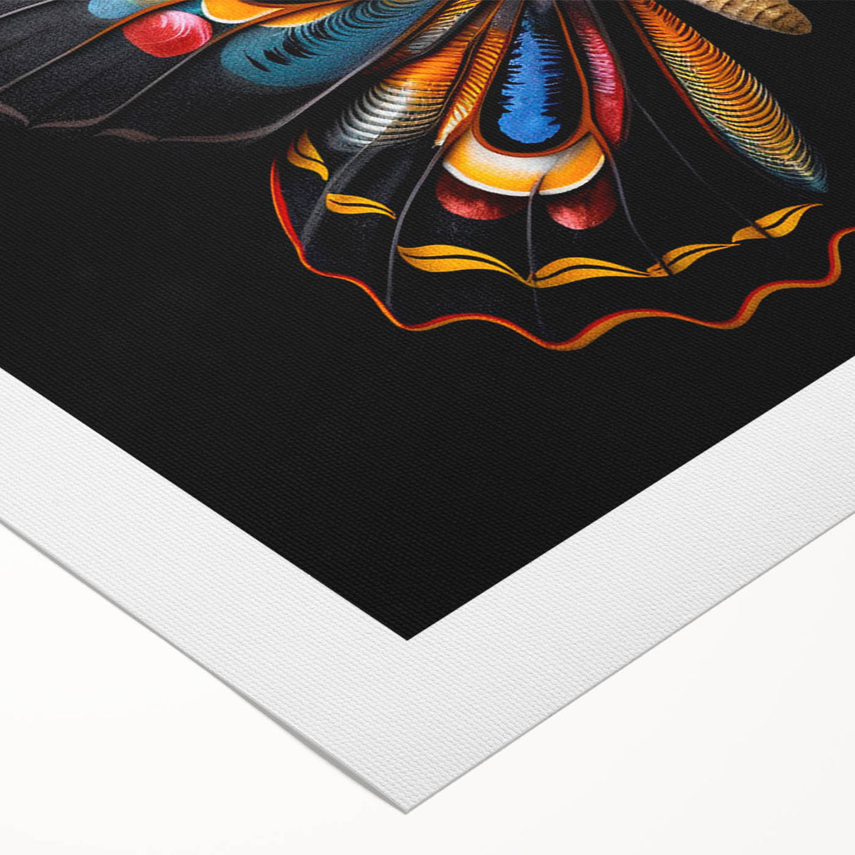 Vibrant rolled canvas wall art featuring intricate butterfly and insect designs in vivid colors, perfect for nature enthusiasts, showcasing detailed artistry.