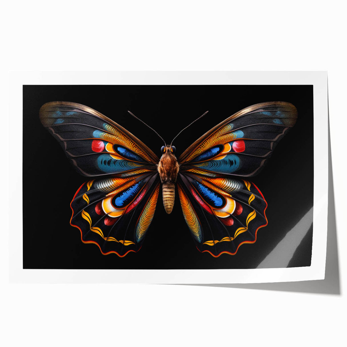 Vibrant butterfly and arachnid wall art print showcasing intricate designs in vivid colors, perfect for enhancing contemporary home decor, rolled for easy display.