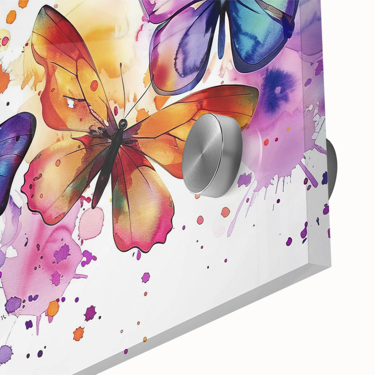 Close-up of a vibrant butterfly wall art piece, showcasing intricate insect and arachnid designs on acrylic glass, perfect for modern home decor.