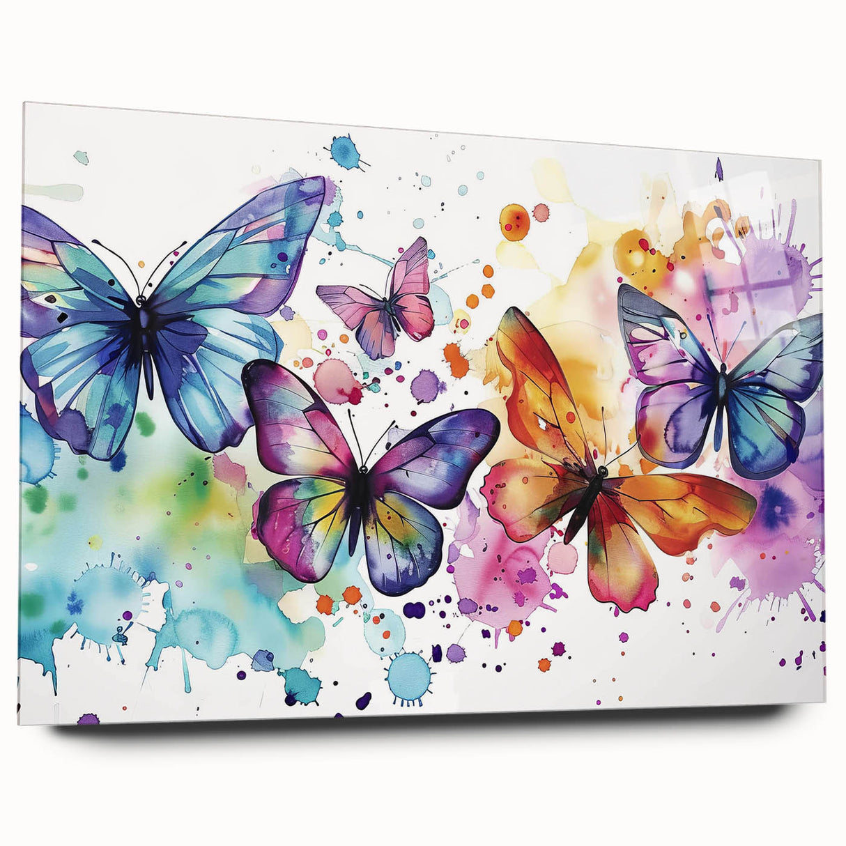 Acrylic glass wall art featuring a colorful butterfly design from the Insect and Arachnid collection, displayed in an elegant side view without pins, perfect for nature enthusiasts.