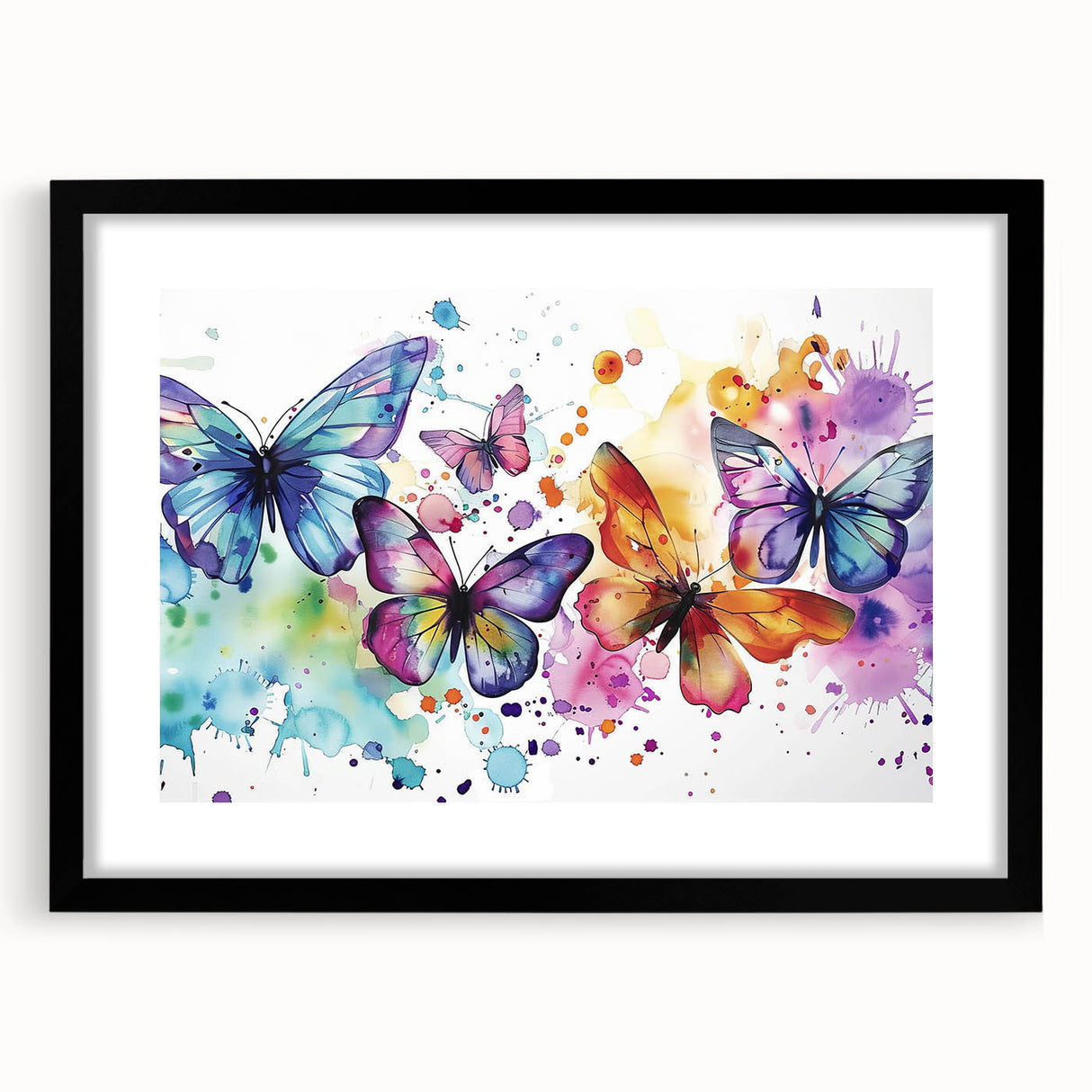 Framed wall art featuring a vibrant butterfly design, showcasing intricate insect and arachnid illustrations with a sleek black mat, perfect for modern decor.