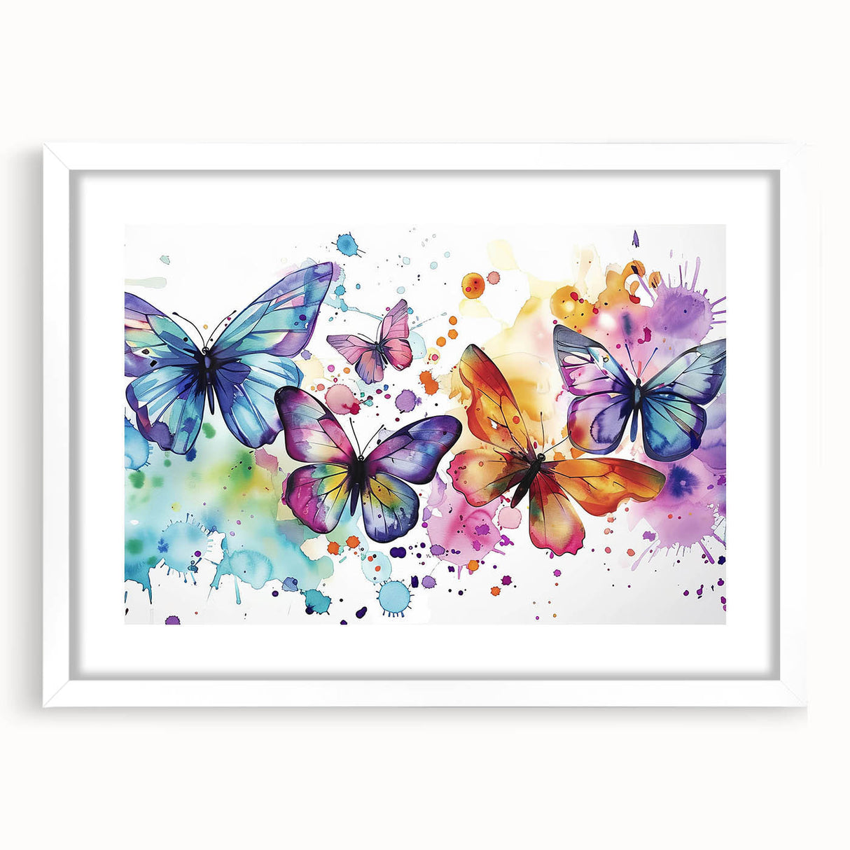 Butterfly-themed wall art collection framed with a white mat, showcasing intricate insect and arachnid designs in vibrant colors, ideal for nature enthusiasts.