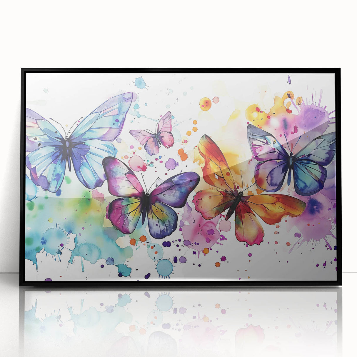 Framed wall art featuring a detailed butterfly design in vibrant colors, set against a sleek black background, perfect for insect and arachnid decor enthusiasts. Ideal for enhancing living spaces or educational environments.