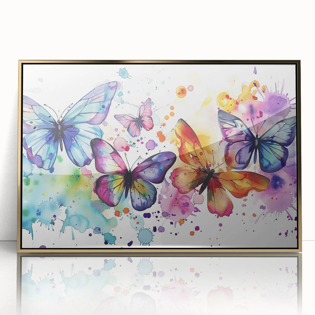 Framed wall art collection showcasing a vibrant butterfly and insect design, featuring a gold-accented acrylic frame, perfect for adding elegance to any decor.