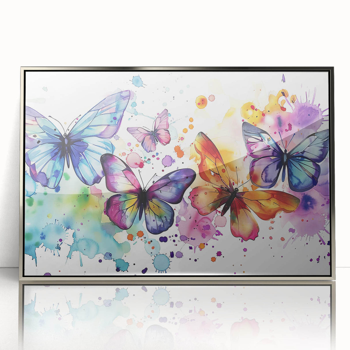 Framed wall art featuring a butterfly and arachnid design with intricate details and vibrant colors, displayed in a sleek silver frame, perfect for nature enthusiasts.
