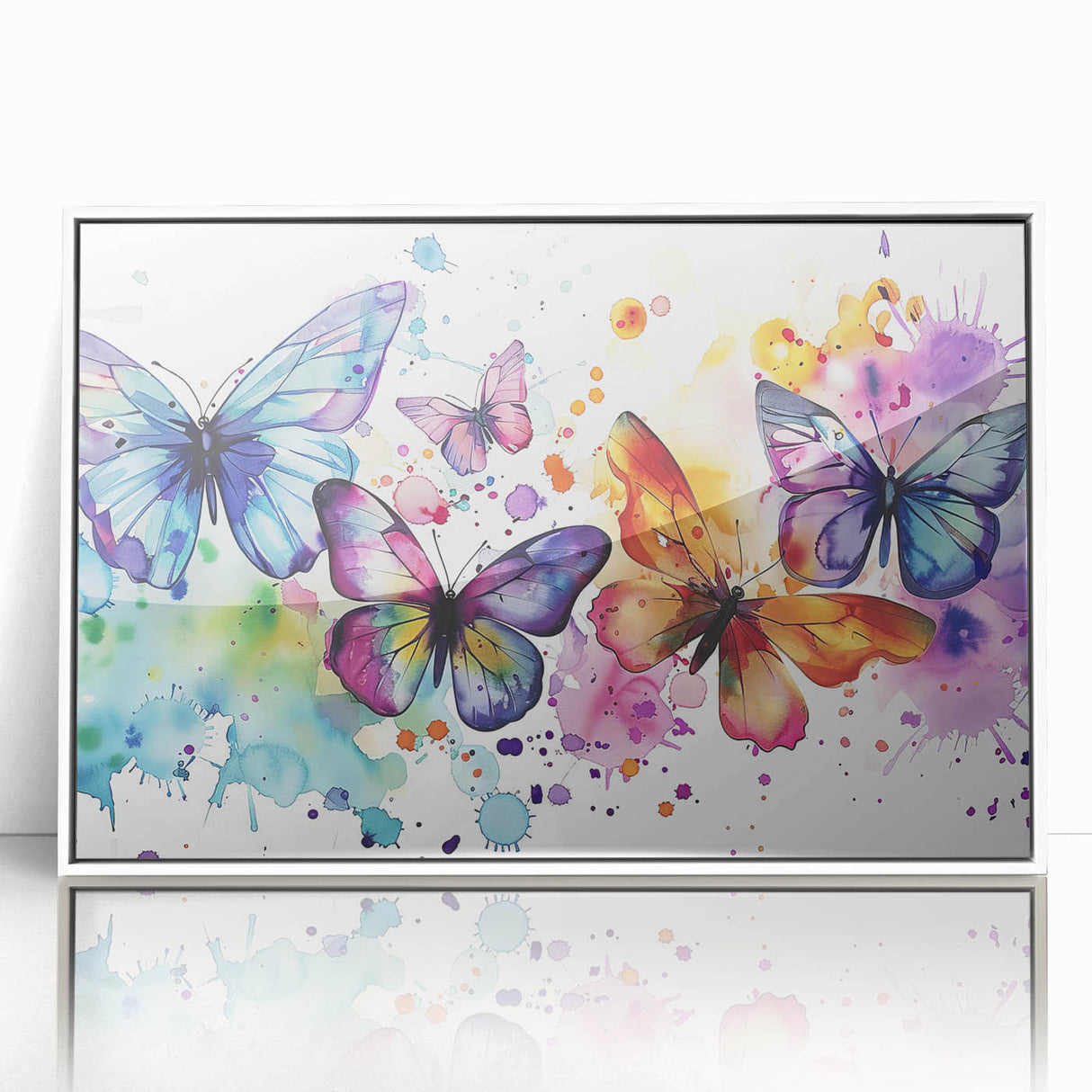 Framed wall art featuring a vibrant butterfly design from the Insect and Arachnid collection, showcasing intricate details and a sleek white frame, perfect for enhancing modern decor.
