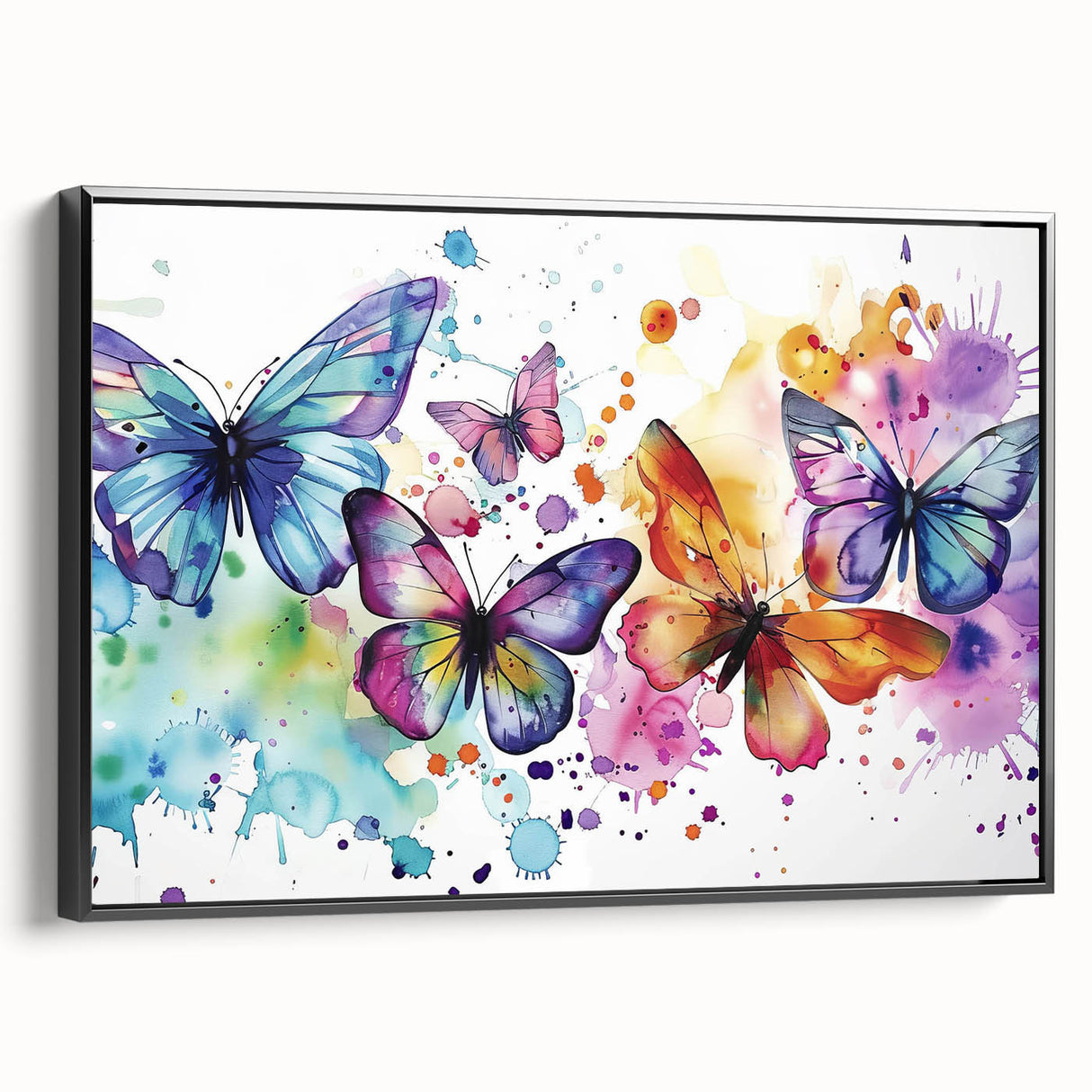 Framed canvas wall art featuring a detailed butterfly design with vibrant colors, displayed from a black side view, perfect for nature-themed decor.