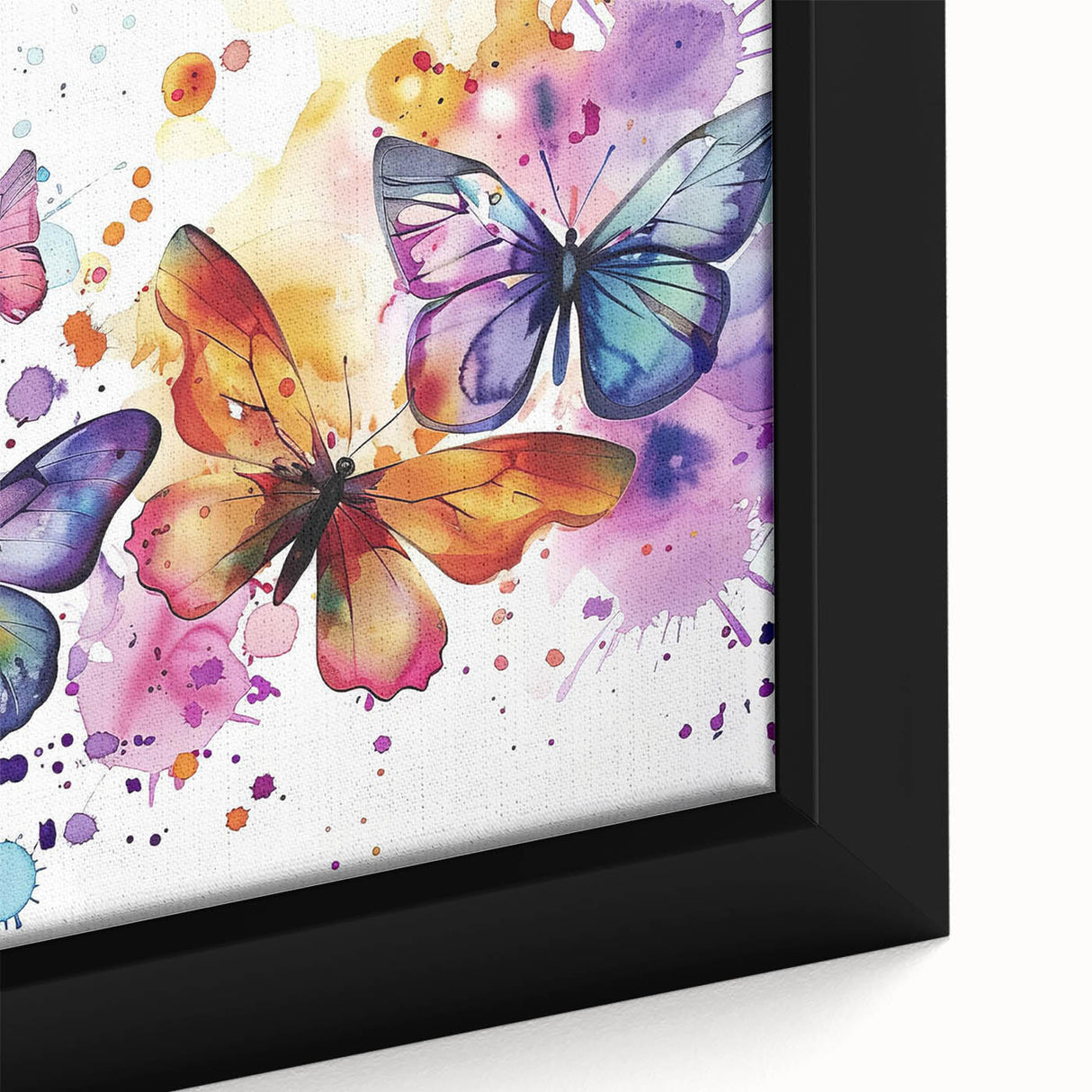 Close-up of a framed canvas wall art featuring a vibrant butterfly design, showcasing intricate details and colors, ideal for enhancing home decor or art collections. This insect and arachnid-inspired piece adds a unique touch to any modern living space.