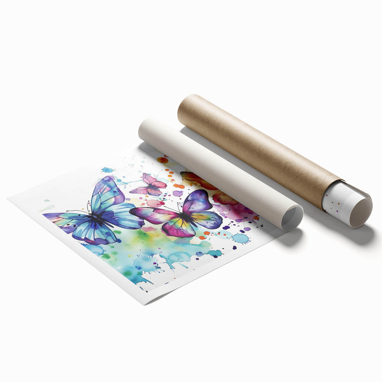 Colorful butterfly wall art print showcasing intricate insect and arachnid designs, rolled and ready for display, perfect for adding vibrant decor to any space.