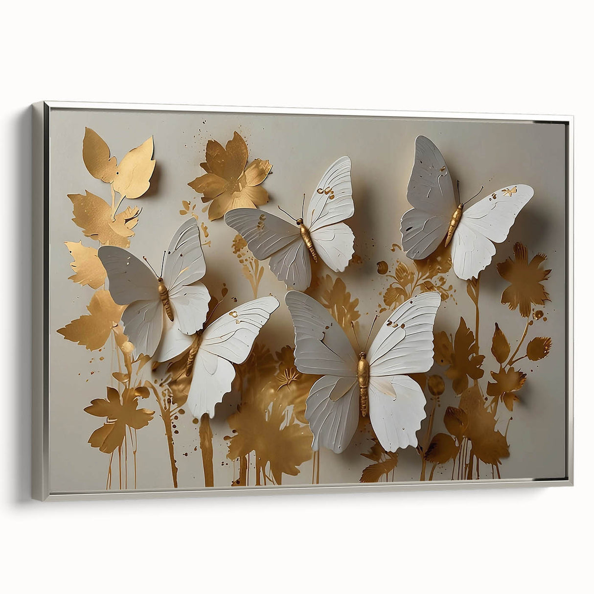 Framed wall art featuring a vibrant butterfly and arachnid design on a silver background, showcasing intricate details and textures, ideal for modern decor.