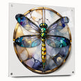 Close-up of a side view acrylic wall art piece showcasing a dragonfly design, featuring vibrant colors and intricate details, perfect for nature-themed decor.