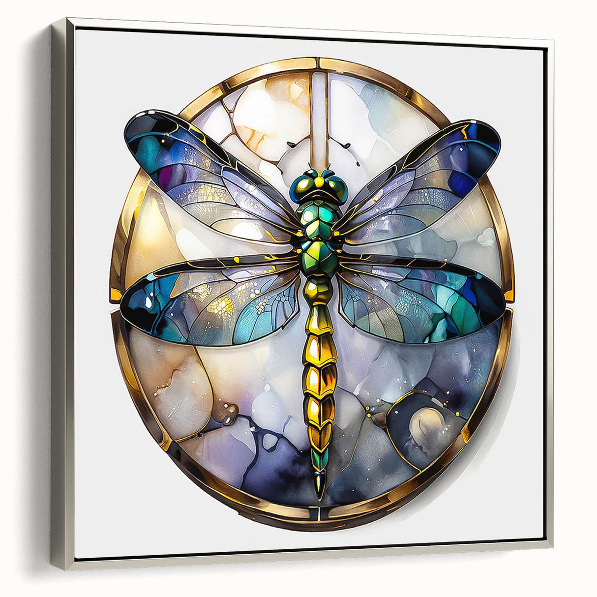 Framed canvas wall art featuring a detailed dragonfly design in vibrant colors, showcasing intricate patterns and textures against a silver background. Perfect for nature-themed decor.